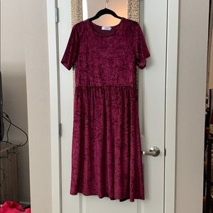 Crushed Velvet Midi Dress- Short Sleeve- Berry